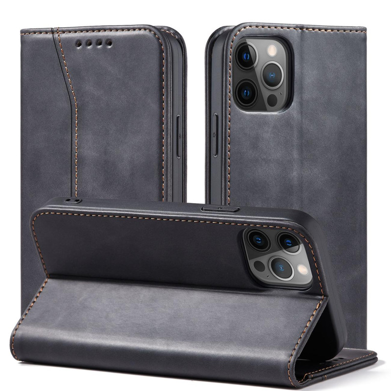 Magnet Fancy Case dėklas skirtas iPhone 12 Pro, dangtelis, kortelių piniginė, kortelių stovas, juodas