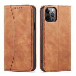 Magnet Fancy Case dėklas skirtas iPhone 12 Pro, dangtelis, kortelių piniginė, kortelių stovas, ruda