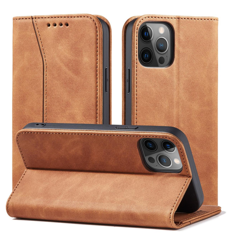 Magnet Fancy Case dėklas skirtas iPhone 12 Pro, dangtelis, kortelių piniginė, kortelių stovas, ruda