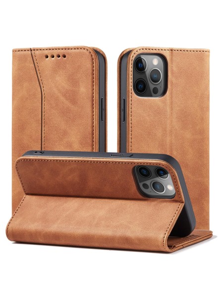 Magnet Fancy Case dėklas skirtas iPhone 12 Pro, dangtelis, kortelių piniginė, kortelių stovas, ruda Magnet Fancy Case dėklas skirtas iPhone 12 Pro, dangtelis, kortelių piniginė, kortelių stovas, ruda
