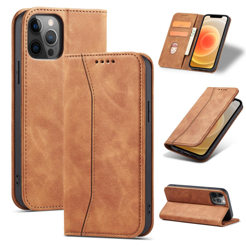 Magnet Fancy Case dėklas skirtas iPhone 12 Pro, dangtelis, kortelių piniginė, kortelių stovas, ruda