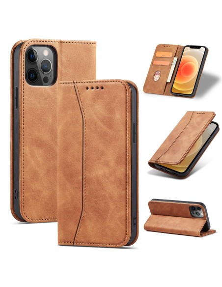 Magnet Fancy Case dėklas skirtas iPhone 12 Pro, dangtelis, kortelių piniginė, kortelių stovas, ruda Magnet Fancy Case dėklas skirtas iPhone 12 Pro, dangtelis, kortelių piniginė, kortelių stovas, ruda