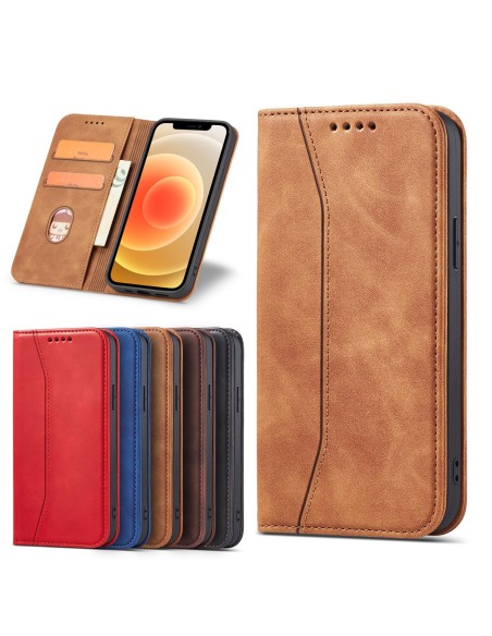 Magnet Fancy Case dėklas skirtas iPhone 12 Pro, dangtelis, kortelių piniginė, kortelių stovas, ruda Magnet Fancy Case dėklas skirtas iPhone 12 Pro, dangtelis, kortelių piniginė, kortelių stovas, ruda