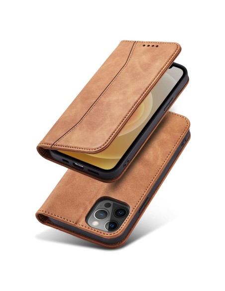 Magnet Fancy Case dėklas skirtas iPhone 12 Pro, dangtelis, kortelių piniginė, kortelių stovas, ruda Magnet Fancy Case dėklas skirtas iPhone 12 Pro, dangtelis, kortelių piniginė, kortelių stovas, ruda