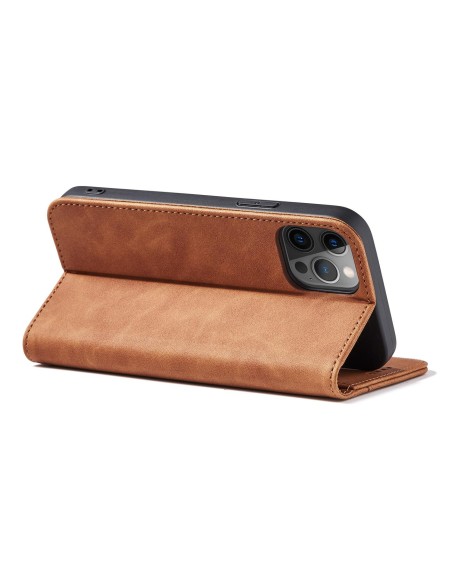 Magnet Fancy Case dėklas skirtas iPhone 12 Pro, dangtelis, kortelių piniginė, kortelių stovas, ruda Magnet Fancy Case dėklas skirtas iPhone 12 Pro, dangtelis, kortelių piniginė, kortelių stovas, ruda