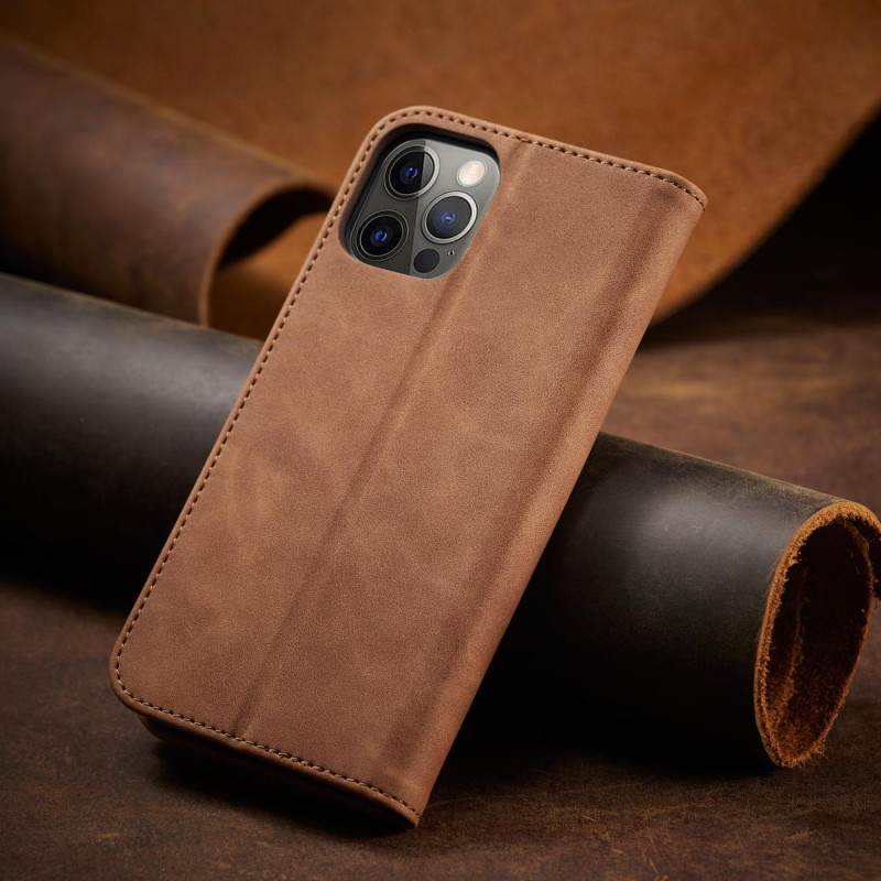 Magnet Fancy Case dėklas skirtas iPhone 12 Pro, dangtelis, kortelių piniginė, kortelių stovas, ruda