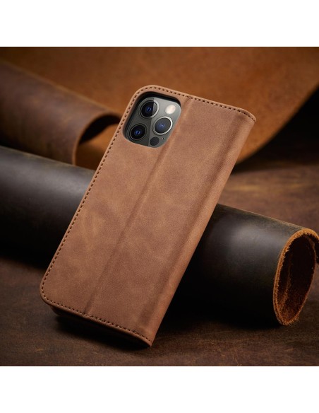 Magnet Fancy Case dėklas skirtas iPhone 12 Pro, dangtelis, kortelių piniginė, kortelių stovas, ruda Magnet Fancy Case dėklas skirtas iPhone 12 Pro, dangtelis, kortelių piniginė, kortelių stovas, ruda