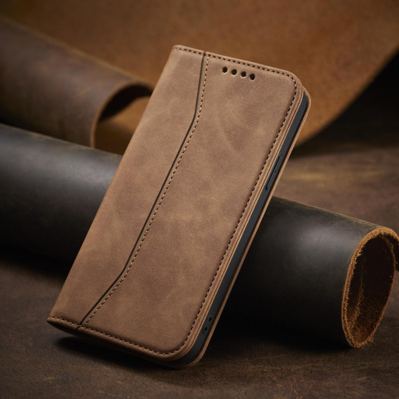 Magnet Fancy Case dėklas skirtas iPhone 12 Pro, dangtelis, kortelių piniginė, kortelių stovas, ruda