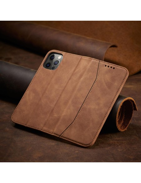 Magnet Fancy Case dėklas skirtas iPhone 12 Pro, dangtelis, kortelių piniginė, kortelių stovas, ruda Magnet Fancy Case dėklas skirtas iPhone 12 Pro, dangtelis, kortelių piniginė, kortelių stovas, ruda