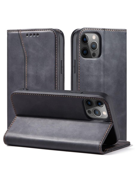 Magnet Fancy Case dėklas skirtas iPhone 12 Pro Max, dangtelis, kortelių piniginė, kortelių stovas, juodas