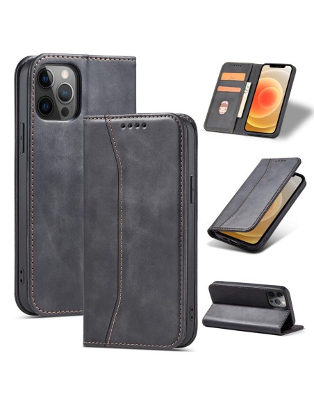 Magnet Fancy Case dėklas skirtas iPhone 12 Pro Max, dangtelis, kortelių piniginė, kortelių stovas, juodas