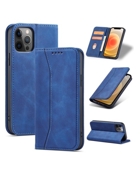 Magnet Fancy Case dėklas skirtas iPhone 12 Pro Max, dangtelis, kortelių piniginė, kortelių stovas, mėlynas