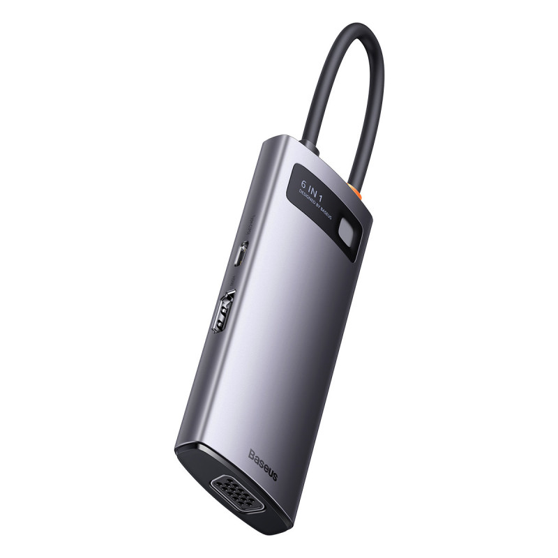Metal Gleam serijos HUB 6in1 prijungimo stotelė USB-C HDMI 3xUSB 3.2 Power Delivery VGA pilka