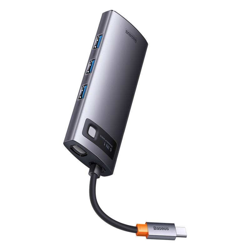 Metal Gleam serijos HUB 6in1 prijungimo stotelė USB-C HDMI 3xUSB 3.2 Power Delivery VGA pilka