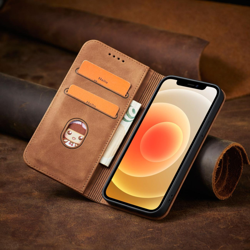 Magnet Fancy Case dėklas skirtas iPhone 12 Pro Max, dangtelis, kortelių piniginė, kortelių stovas, ruda