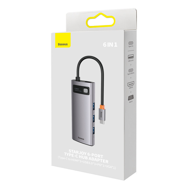 Metal Gleam serijos HUB 6in1 prijungimo stotelė USB-C HDMI 3xUSB 3.2 Power Delivery VGA pilka