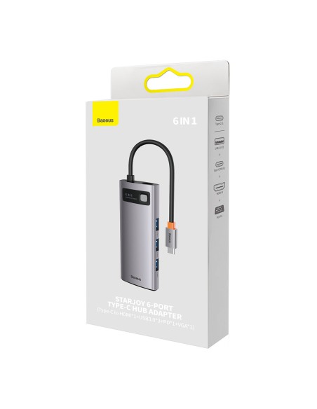 Metal Gleam serijos HUB 6in1 prijungimo stotelė USB-C HDMI 3xUSB 3.2 Power Delivery VGA pilka Metal Gleam serijos HUB 6in1 prijungimo stotelė USB-C HDMI 3xUSB 3.2 Power Delivery VGA pilka