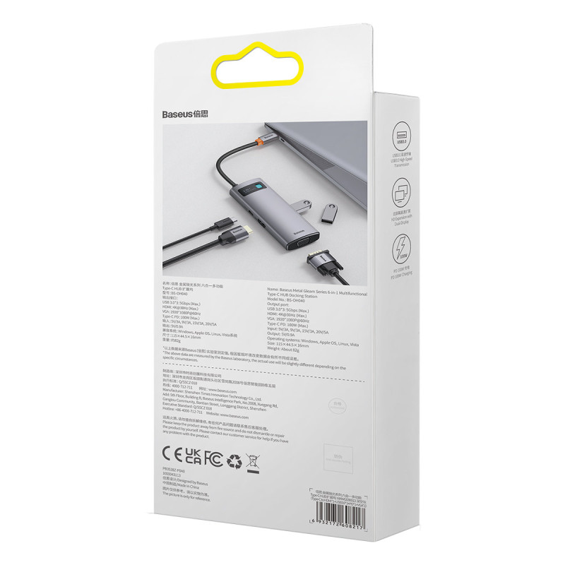 Metal Gleam serijos HUB 6in1 prijungimo stotelė USB-C HDMI 3xUSB 3.2 Power Delivery VGA pilka