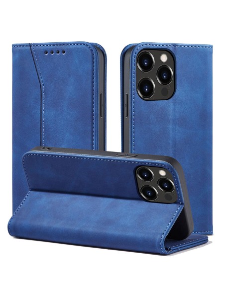 Magnet Fancy Case dėklas skirtas iPhone 13 Pro, dangtelis, kortelių piniginė, kortelių stovas, mėlynas