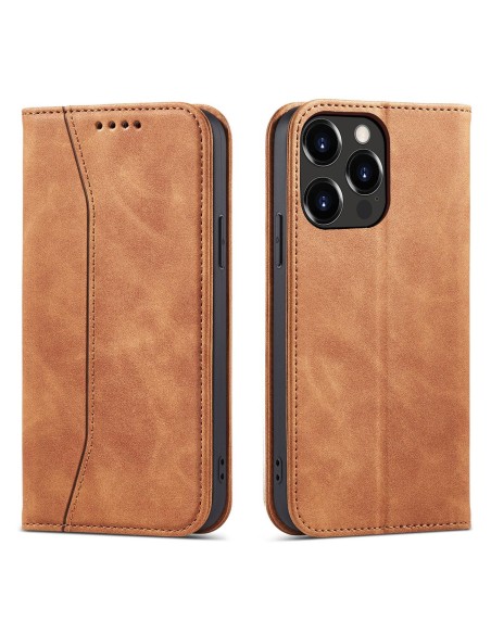 Magnet Fancy Case dėklas skirtas iPhone 13 Pro, dangtelis, kortelių piniginė, kortelių stovas, ruda