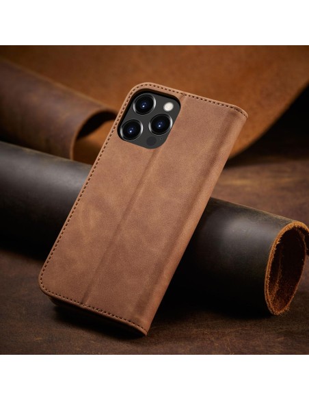 Magnet Fancy Case dėklas skirtas iPhone 13 Pro, dangtelis, kortelių piniginė, kortelių stovas, ruda