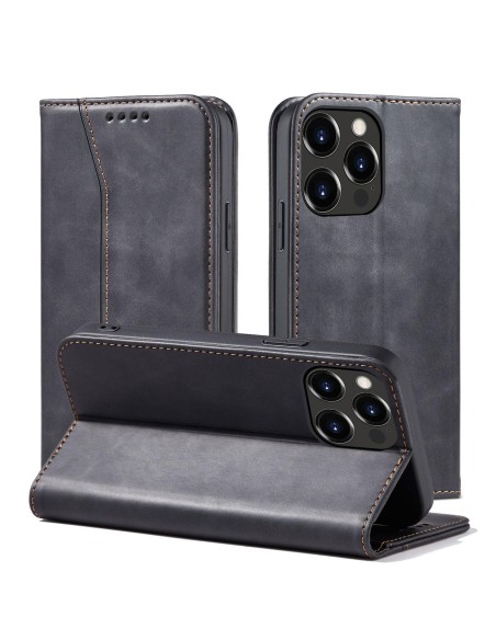 Magnet Fancy Case dėklas skirtas iPhone 13 Pro Max, dangtelis, kortelių piniginė, kortelių stovas, juodas