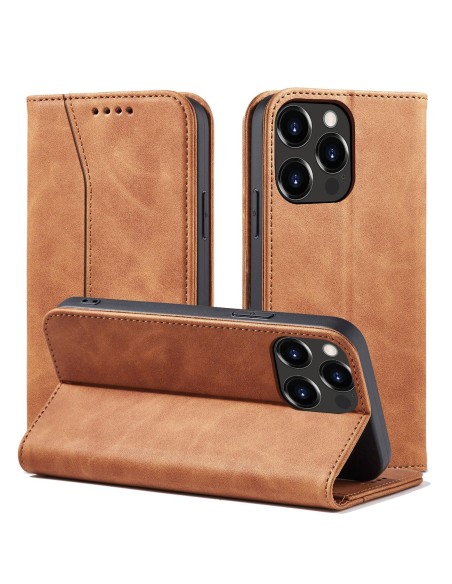 Magnet Fancy Case dėklas skirtas iPhone 13 Pro Max, dangtelis, kortelių piniginė, kortelių stovas, ruda