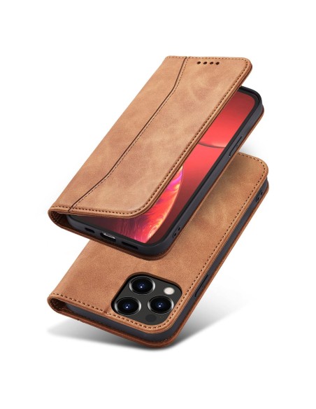 Magnet Fancy Case dėklas skirtas iPhone 13 Pro Max, dangtelis, kortelių piniginė, kortelių stovas, ruda