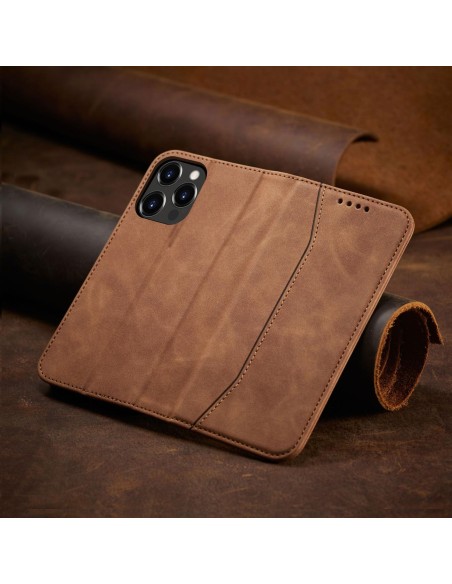 Magnet Fancy Case dėklas skirtas iPhone 13 Pro Max, dangtelis, kortelių piniginė, kortelių stovas, ruda