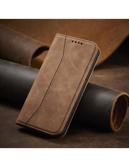 Magnet Fancy Case dėklas skirtas iPhone 13 Pro Max, dangtelis, kortelių piniginė, kortelių stovas, ruda