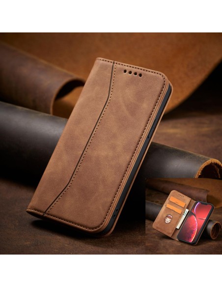 Magnet Fancy Case dėklas skirtas iPhone 13 Pro Max, dangtelis, kortelių piniginė, kortelių stovas, ruda