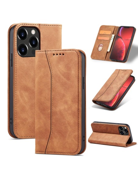 Magnet Fancy Case dėklas skirtas iPhone 13 Pro Max, dangtelis, kortelių piniginė, kortelių stovas, ruda