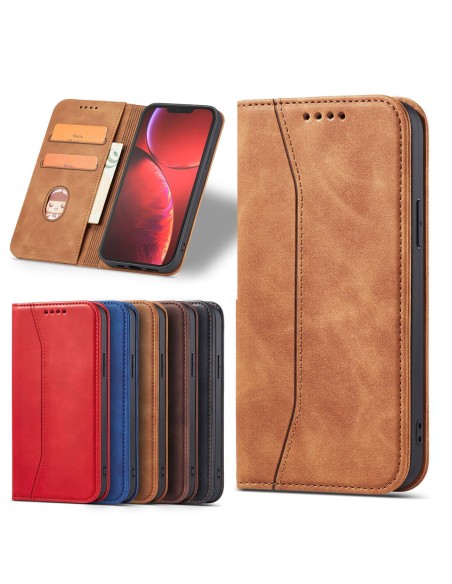 Magnet Fancy Case dėklas skirtas iPhone 13 Pro Max, dangtelis, kortelių piniginė, kortelių stovas, ruda