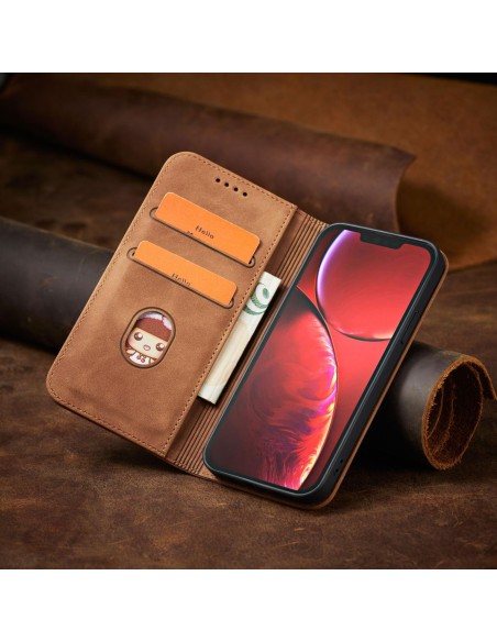 Magnet Fancy Case dėklas skirtas iPhone 13 Pro Max, dangtelis, kortelių piniginė, kortelių stovas, ruda