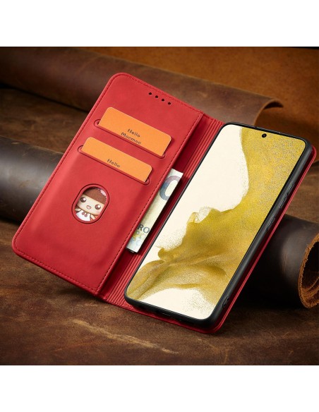 Magnetinis Fancy Case Case Dėklas, skirtas Samsung Galaxy S22+ (S22 Plus) Cover Card Piniginės kortelės stovas raudonas