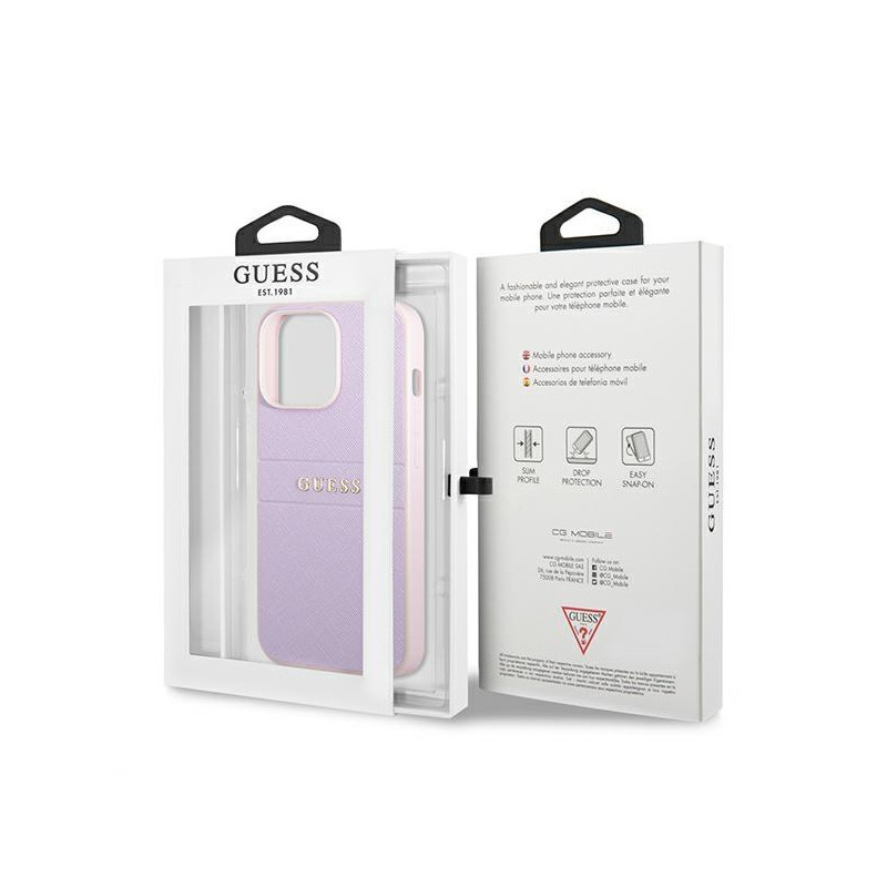 Guess Saffiano Hot Stamp & Metal Logo dėklas, skirtas iPhone 13 Pro / iPhone 13 - violetinė