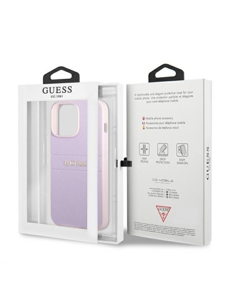 Guess Saffiano Hot Stamp & Metal Logo dėklas, skirtas iPhone 13 Pro / iPhone 13 - violetinė Guess Saffiano Hot Stamp & Metal Logo dėklas, skirtas iPhone 13 Pro / iPhone 13 - violetinė