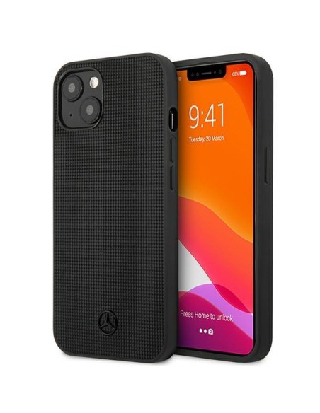 Mercedes Leather Meshed Metal Logo dėklas iPhone 13 - juodas Mercedes Leather Meshed Metal Logo dėklas iPhone 13 - juodas