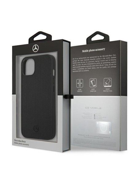 Mercedes Leather Meshed Metal Logo dėklas iPhone 13 - juodas Mercedes Leather Meshed Metal Logo dėklas iPhone 13 - juodas