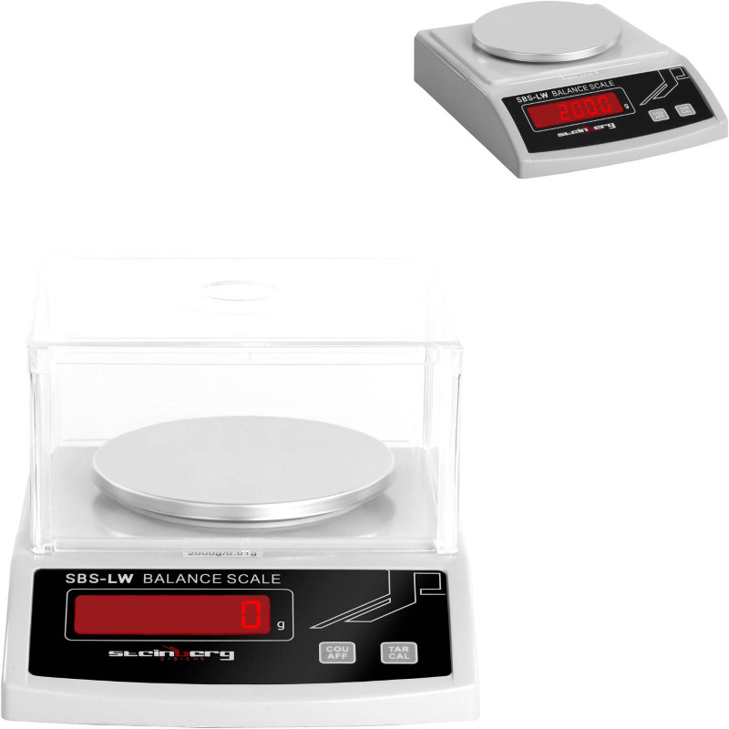 Tikslios laboratorinės svarstyklės su stikliniu dangteliu ir LED ekranu 2000g / 0,01g