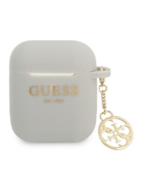 Guess Silicone Charm 4G Collection dėklas, skirtas AirPods 1/ 2 – pilkas Guess Silicone Charm 4G Collection dėklas, skirtas AirPods 1/ 2 – pilkas