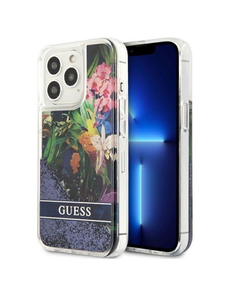 Guess Flower Liquid Glitter dėklas, skirtas iPhone 13 Pro / iPhone 13 - mėlynas Guess Flower Liquid Glitter dėklas, skirtas iPhone 13 Pro / iPhone 13 - mėlynas