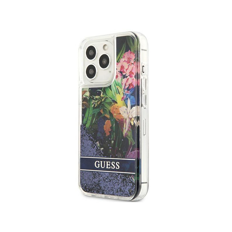 Guess Flower Liquid Glitter dėklas, skirtas iPhone 13 Pro / iPhone 13 - mėlynas