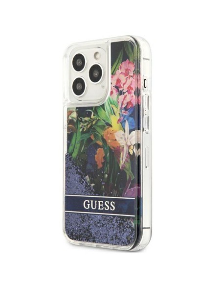 Guess Flower Liquid Glitter dėklas, skirtas iPhone 13 Pro / iPhone 13 - mėlynas Guess Flower Liquid Glitter dėklas, skirtas iPhone 13 Pro / iPhone 13 - mėlynas