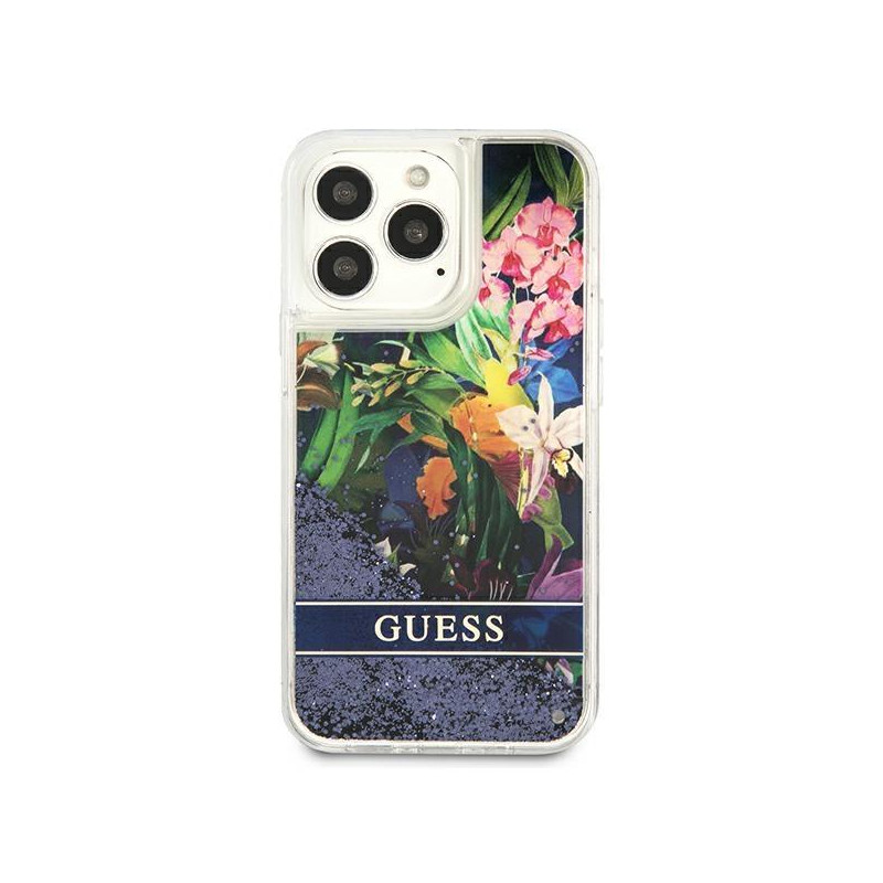 Guess Flower Liquid Glitter dėklas, skirtas iPhone 13 Pro / iPhone 13 - mėlynas