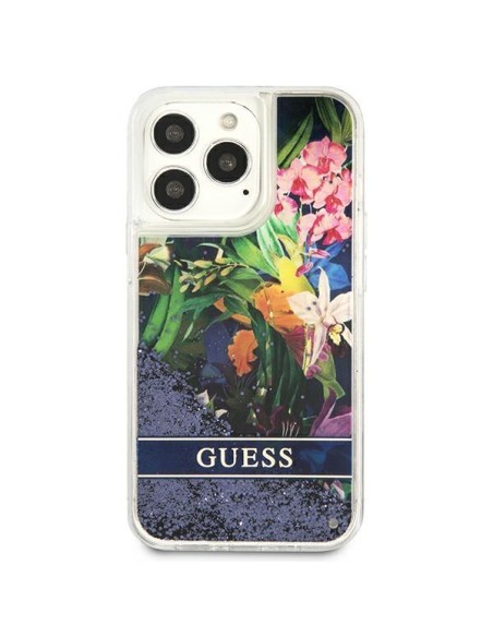 Guess Flower Liquid Glitter dėklas, skirtas iPhone 13 Pro / iPhone 13 - mėlynas Guess Flower Liquid Glitter dėklas, skirtas iPhone 13 Pro / iPhone 13 - mėlynas