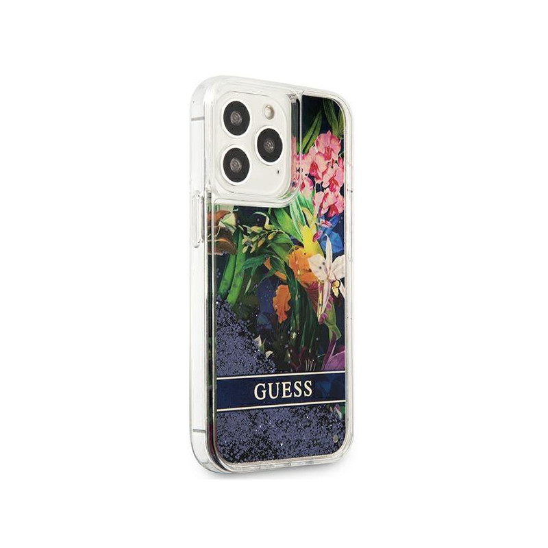 Guess Flower Liquid Glitter dėklas, skirtas iPhone 13 Pro / iPhone 13 - mėlynas