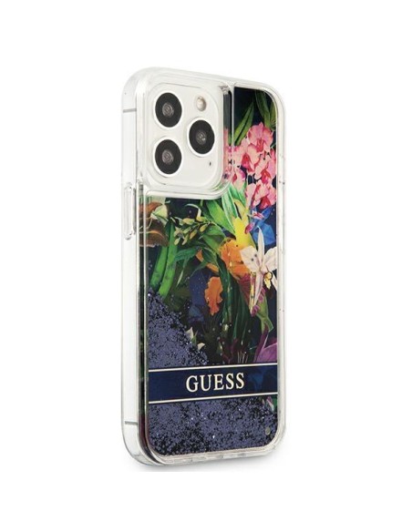 Guess Flower Liquid Glitter dėklas, skirtas iPhone 13 Pro / iPhone 13 - mėlynas Guess Flower Liquid Glitter dėklas, skirtas iPhone 13 Pro / iPhone 13 - mėlynas