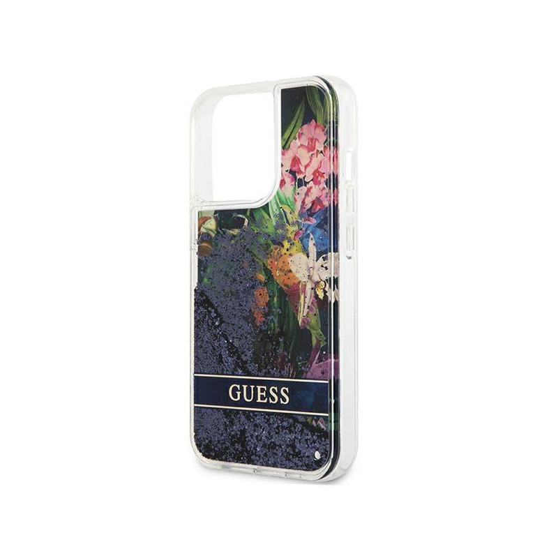 Guess Flower Liquid Glitter dėklas, skirtas iPhone 13 Pro / iPhone 13 - mėlynas