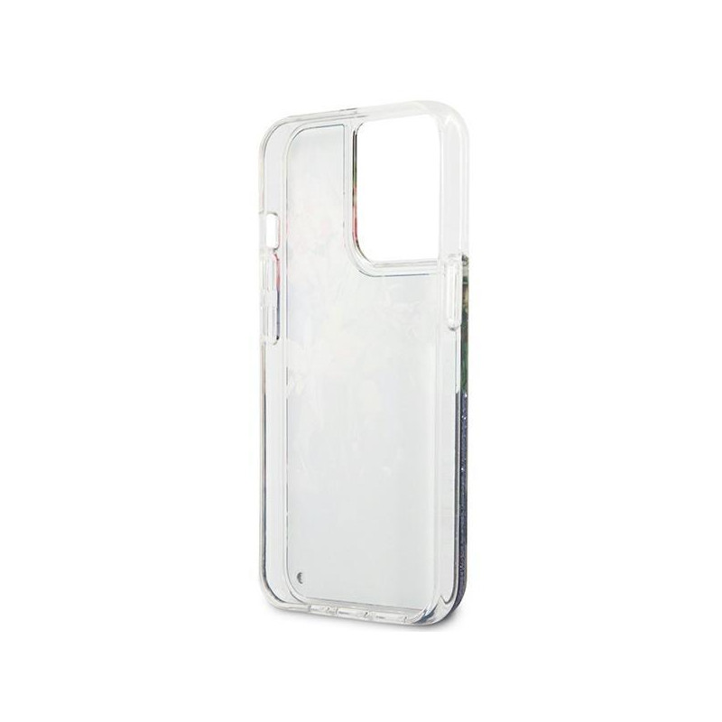 Guess Flower Liquid Glitter dėklas, skirtas iPhone 13 Pro / iPhone 13 - mėlynas